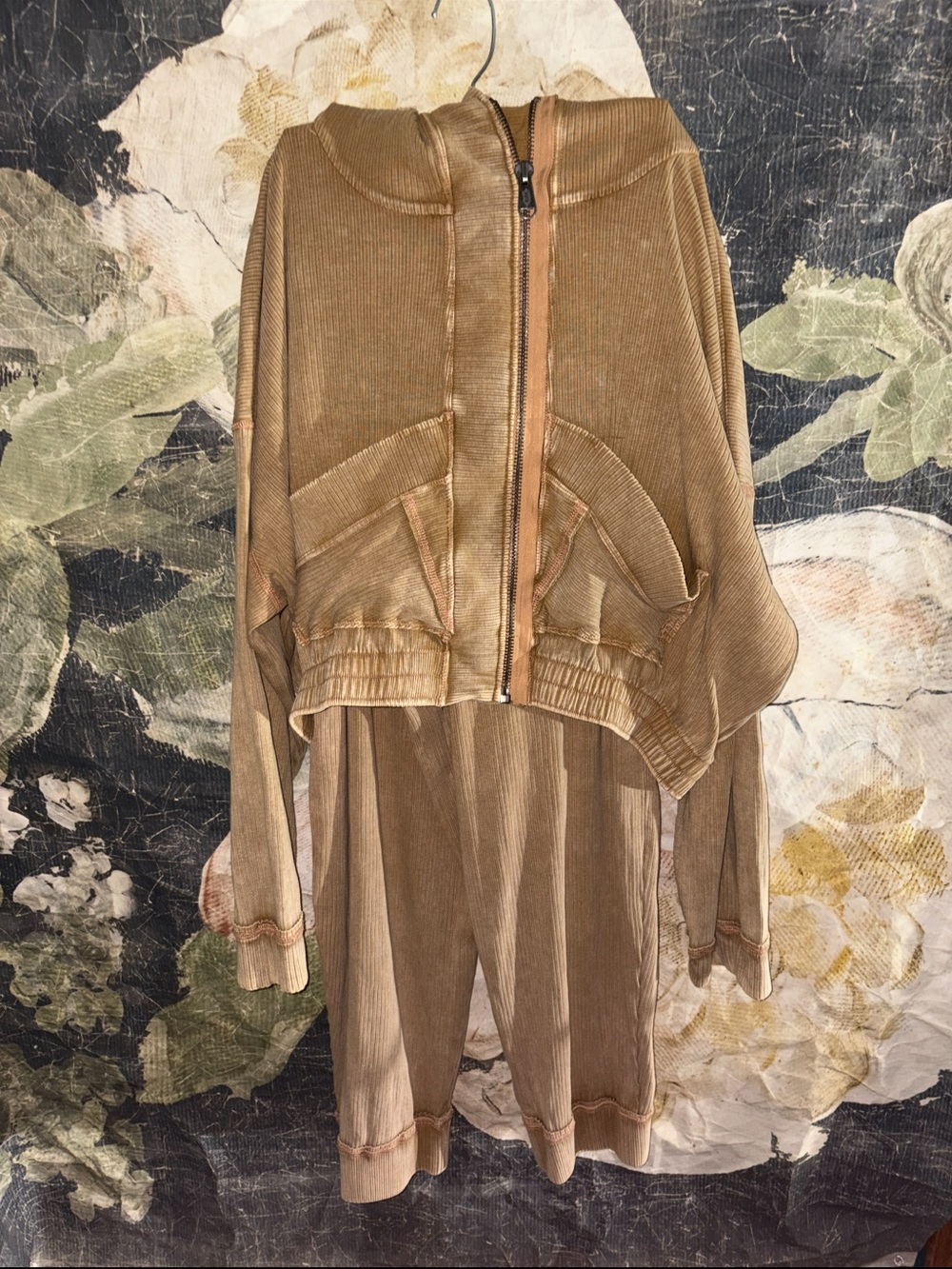 Free People Cropped Zip Bomber Jacket With Pants in Camel